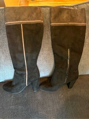 Rialto Black Suede Over-the-Knee Heeled Boots with Tan Piping
